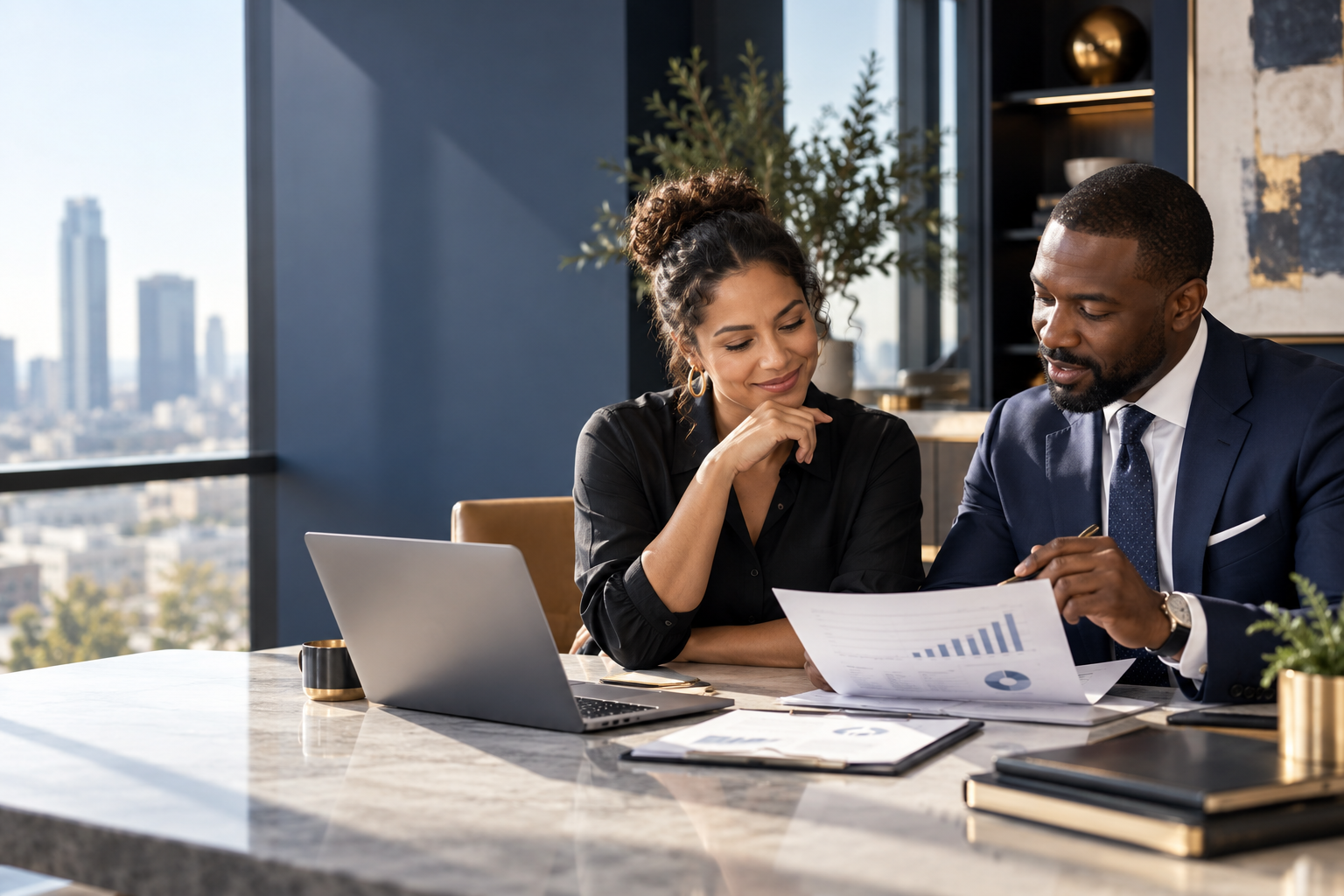 Business owner and consultant reviewing a growth plan